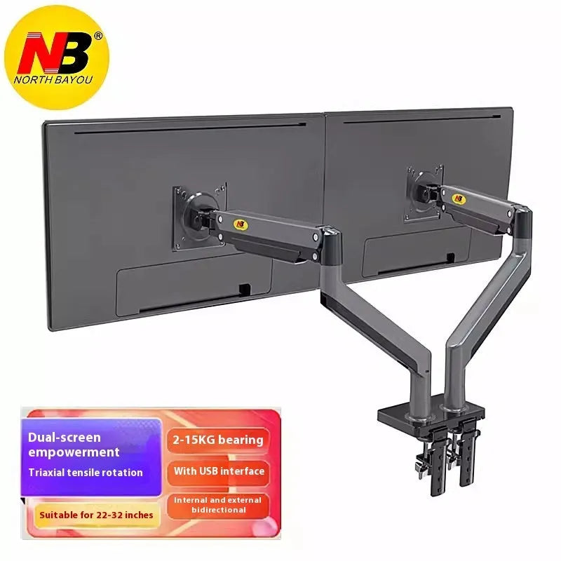 Gun black aluminium alloy dual monitor arm holding two screens on a desktop