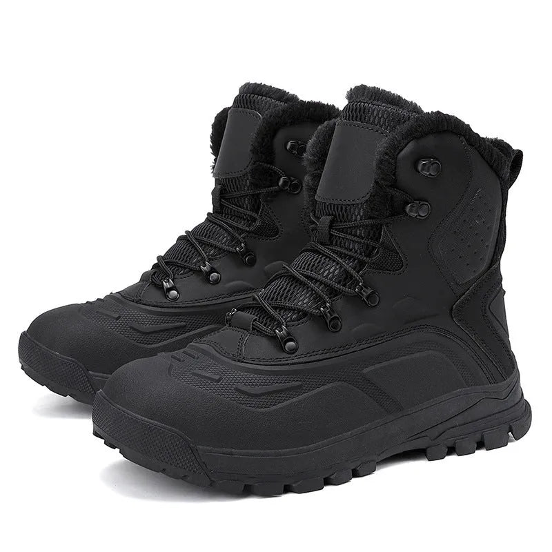 Fleece-lined high-top lace-up men's boots in black plus velvet or khaki, flat heel.