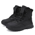 Fleece-lined high-top lace-up men's boots in black plus velvet or khaki, flat heel.