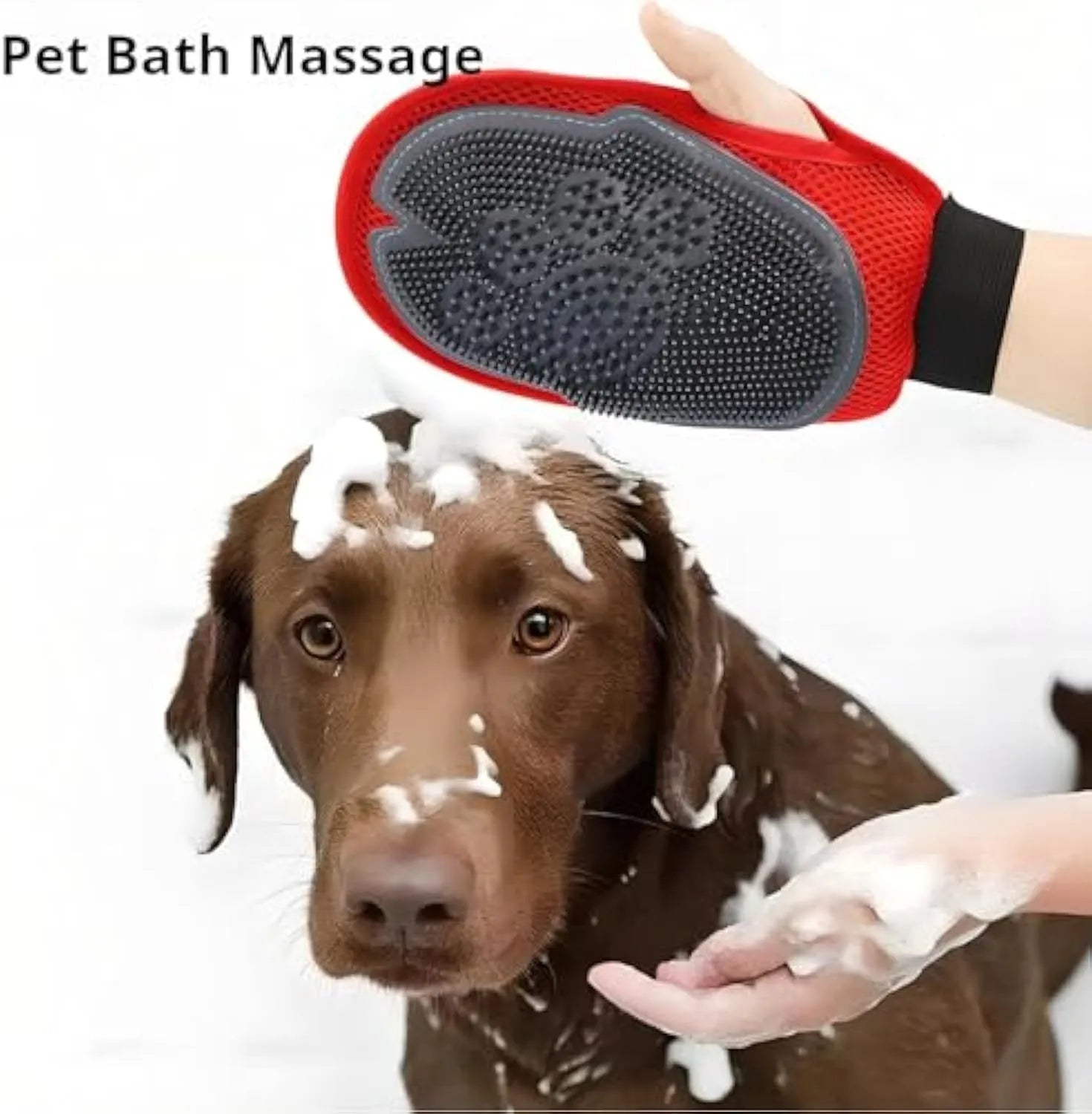 Red pet bathing glove with silicone finger grips for combined washing and grooming during pet bath time