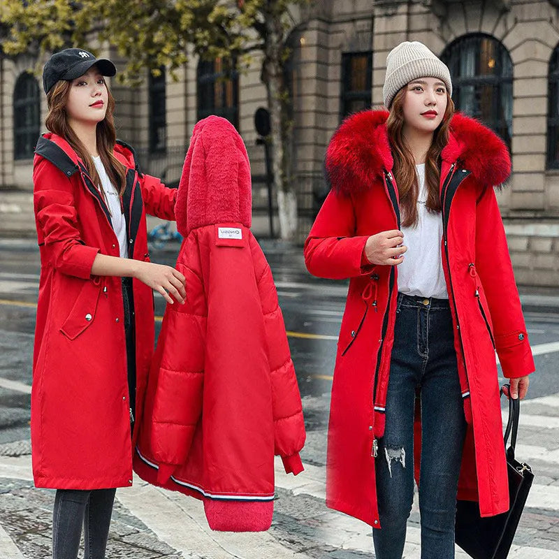 Women's long white fleece trench coat with cotton padding, showing elegant style and 100cm length.