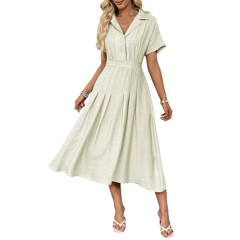 Light green twill lapel shirt dress with waist tie and splicing detail on a mannequin