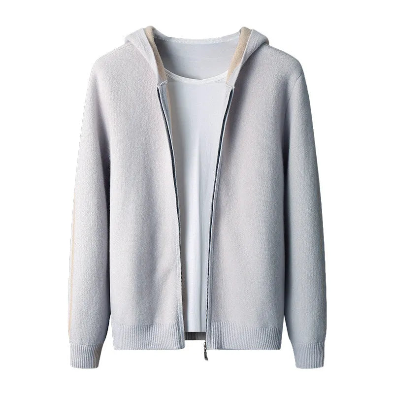 Men's dark blue cashmere cardigan sweater with half-high collar and full-length zipper