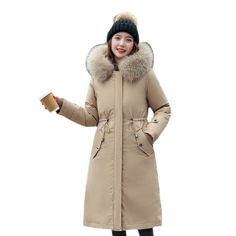 Women's long white fleece trench coat with cotton padding, showing elegant style and 100cm length.