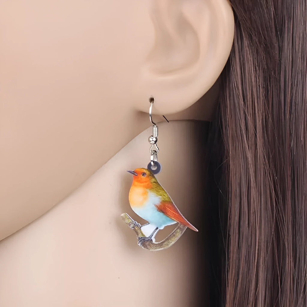 Acrylic blue titmouse geometric animal design pendant earrings with snake elements