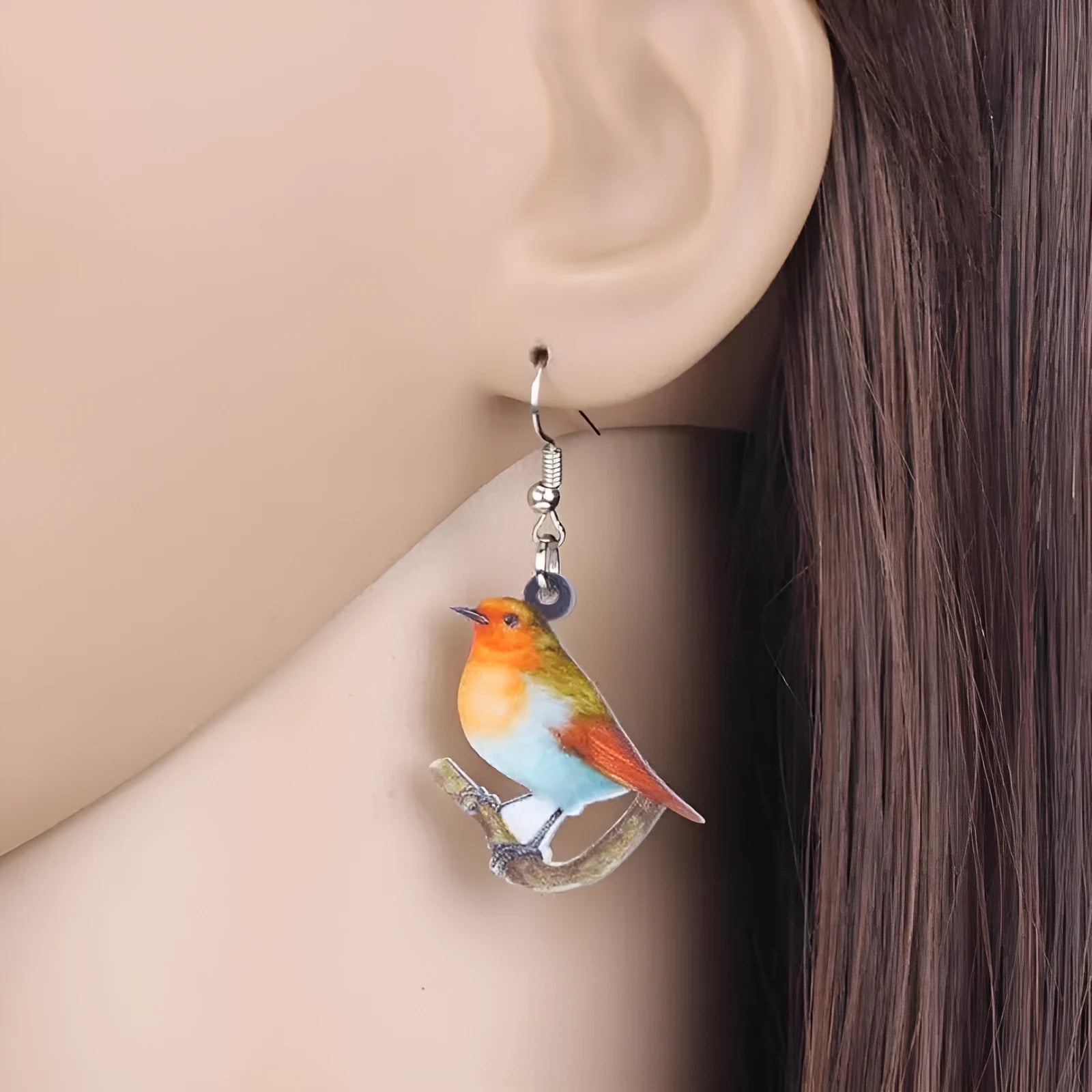 Acrylic blue titmouse geometric animal design pendant earrings with snake elements