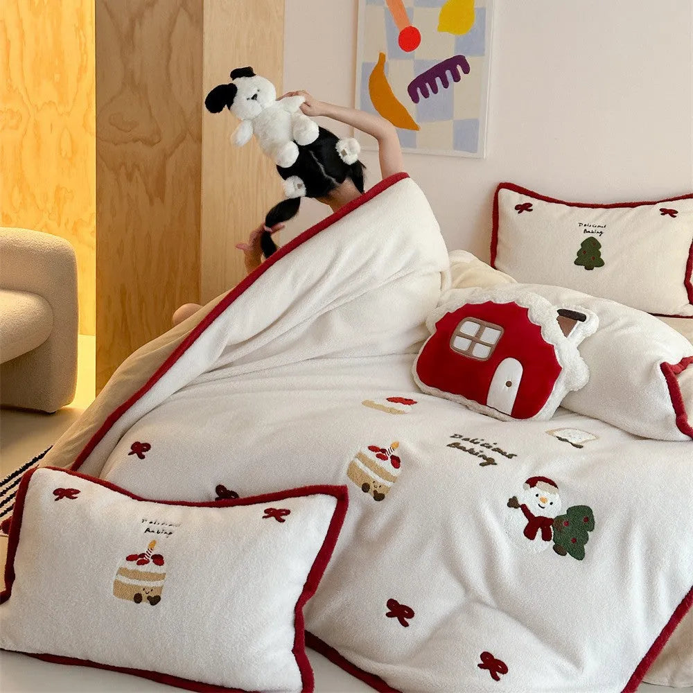 Girls cartoon winter Christmas themed bedding four-piece set showing Snow Buddy Milk Pastry print on duvet cover and pillowcases.