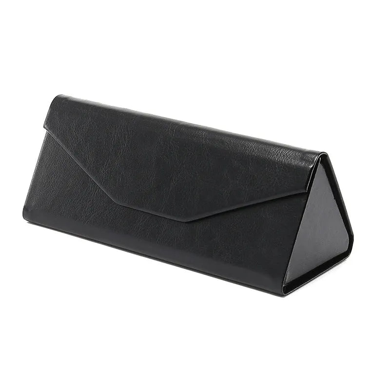 Handmade PU cowhide glasses case in black colour measuring 160x66x16mm for triangle folding frames