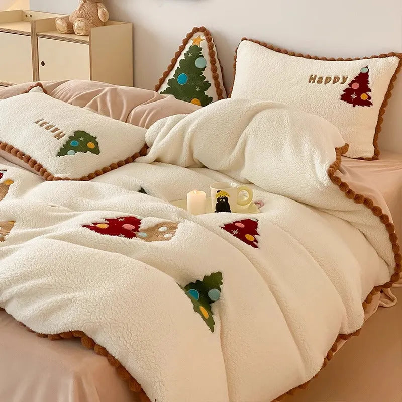 Bright yellow four-piece bedding set with embroidered cartoon winter Christmas tree pattern