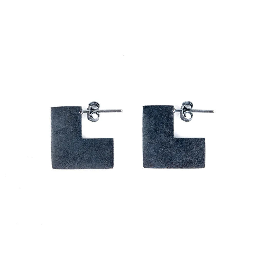 Single oxidised black sterling silver square geometric earring, approximately 16mm, with alloy post.