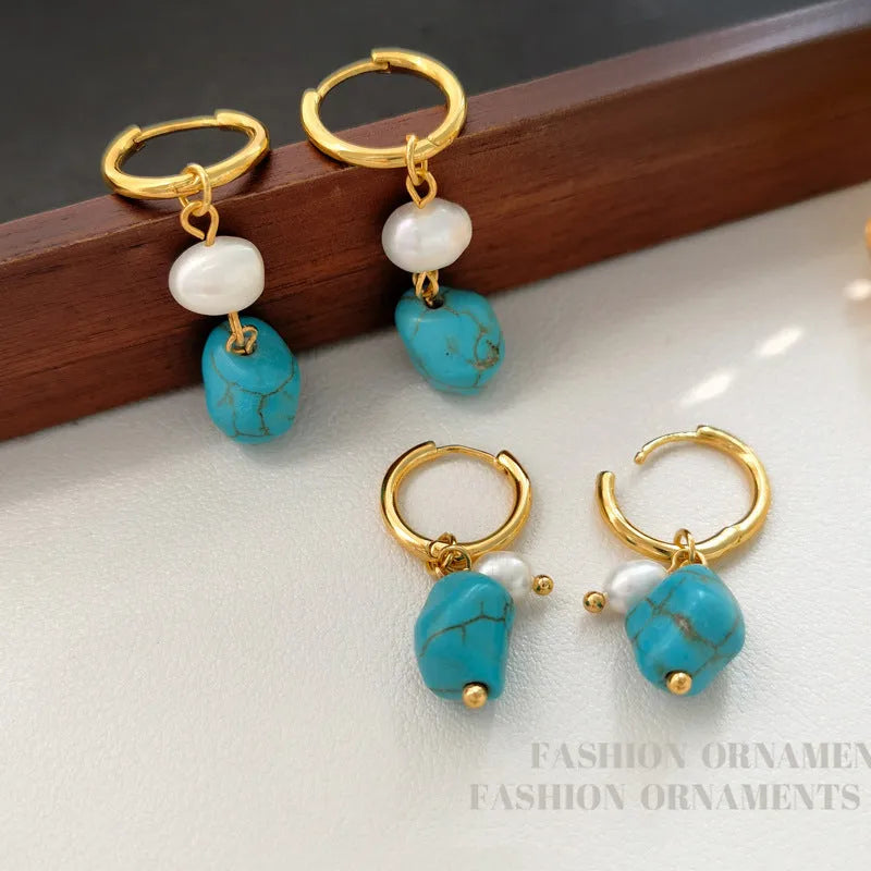 Copper geometry earrings with irregular turquoise stones and cultured pearls in short and long styles