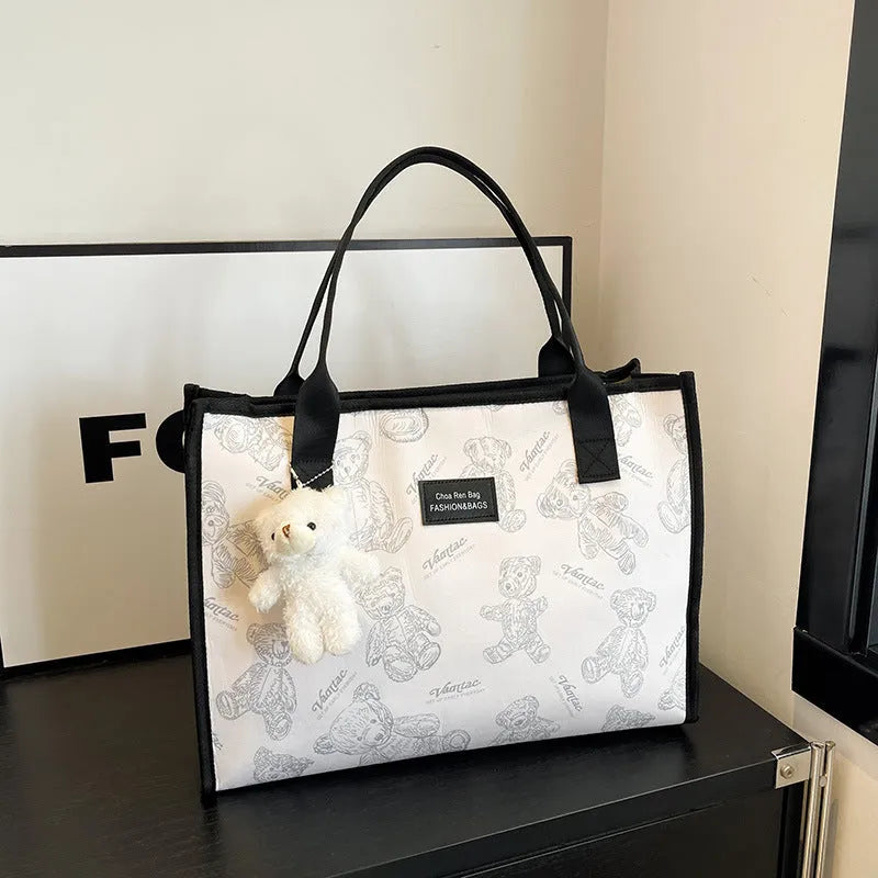 Women's printed canvas tote bag with rhombus pattern in horizontal square shape