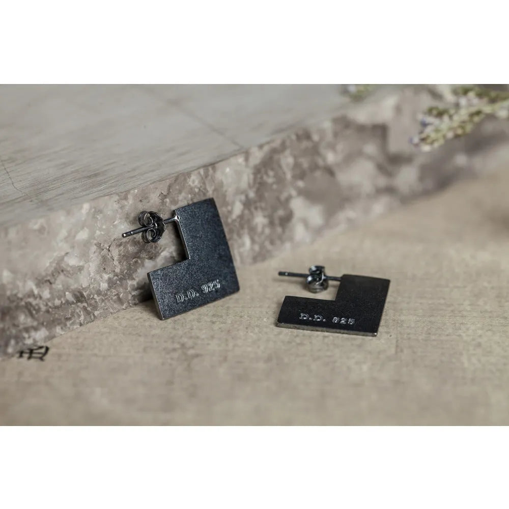 Single oxidised black sterling silver square geometric earring, approximately 16mm, with alloy post.