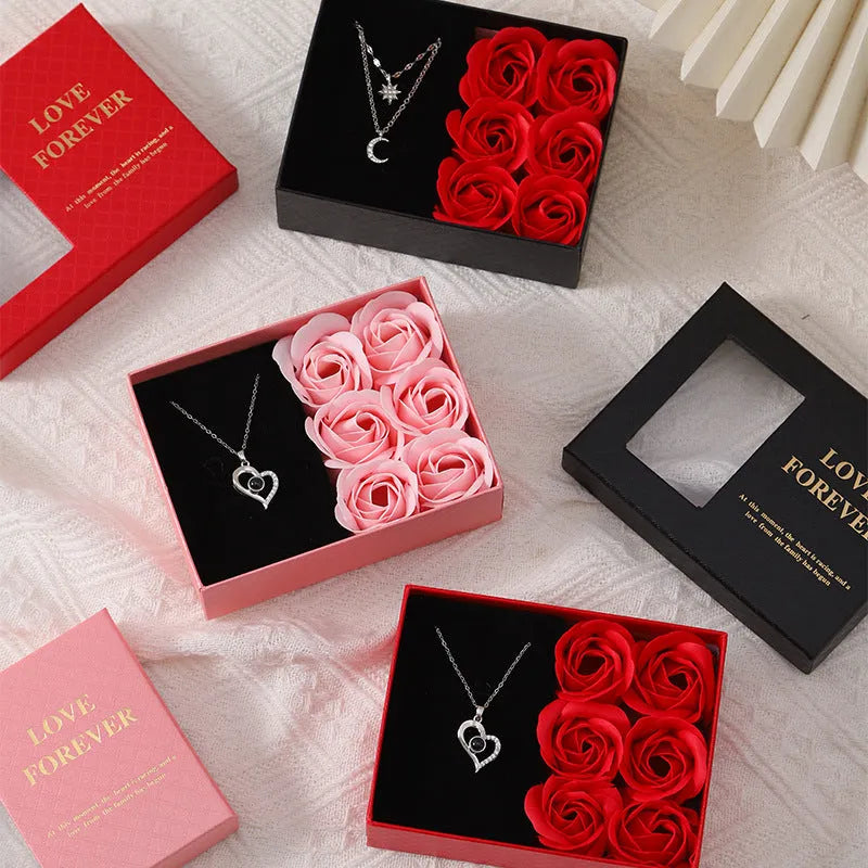 Soap flower gift set with six roses in a red Korean-style box, includes a handbag.