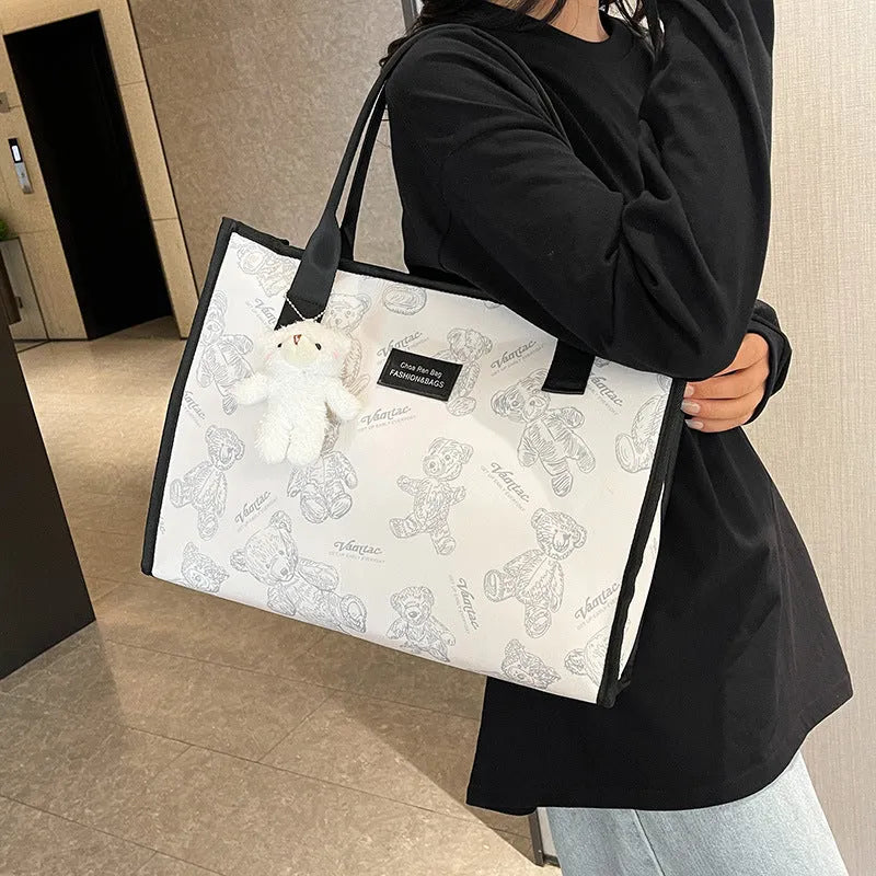 Women's printed canvas tote bag with rhombus pattern in horizontal square shape