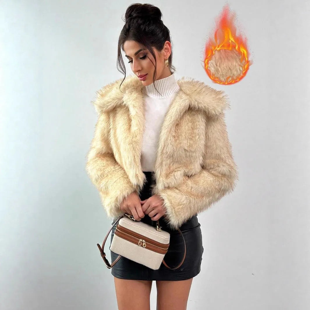 Women's short length artificial fur coat with a fur collar in a black tip on black background colour.