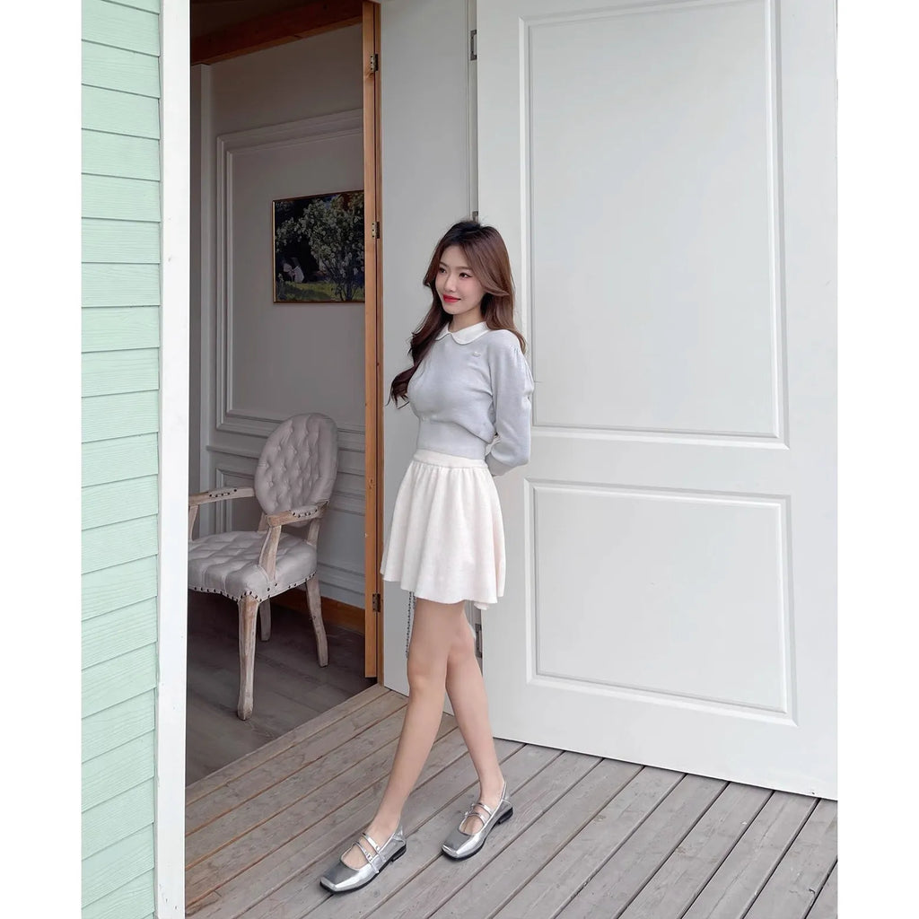 Women's silver Mary Jane ballet flats with cross buckle strap and genuine leather upper