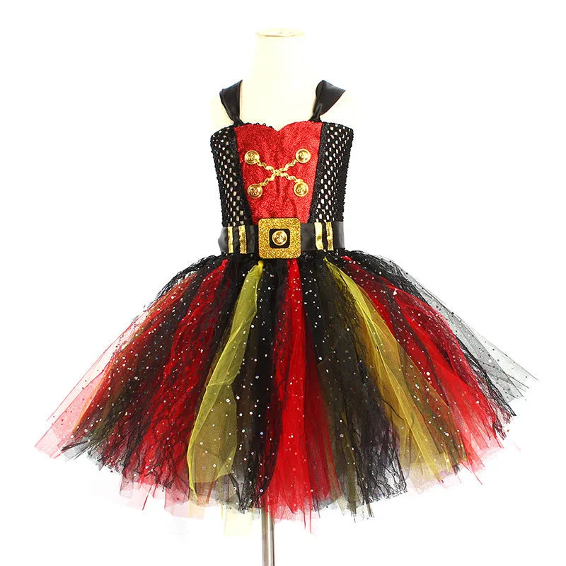 A sleeveless girls' pirate costume dress with black sequin decoration and sheer mesh panels.