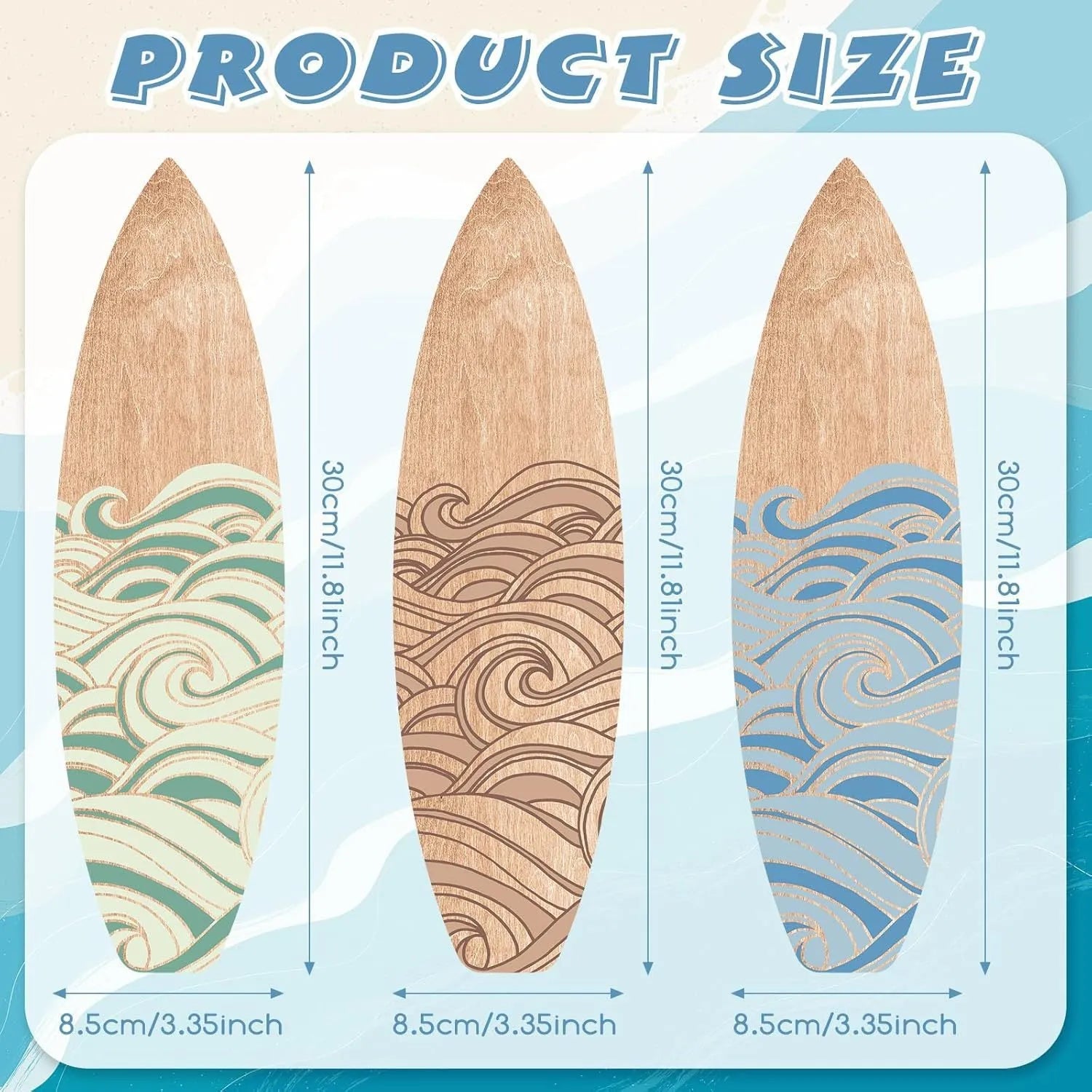 Three identical wooden surfboard decorations on display