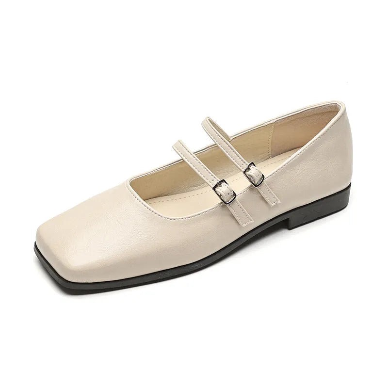 Women's silver Mary Jane ballet flats with cross buckle strap and genuine leather upper