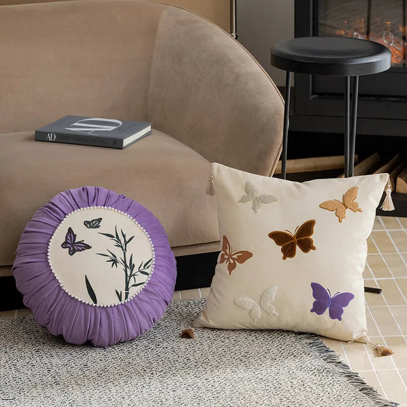 Square butterfly embroidery couch pillow with Chinese pattern in beige, black, or purple