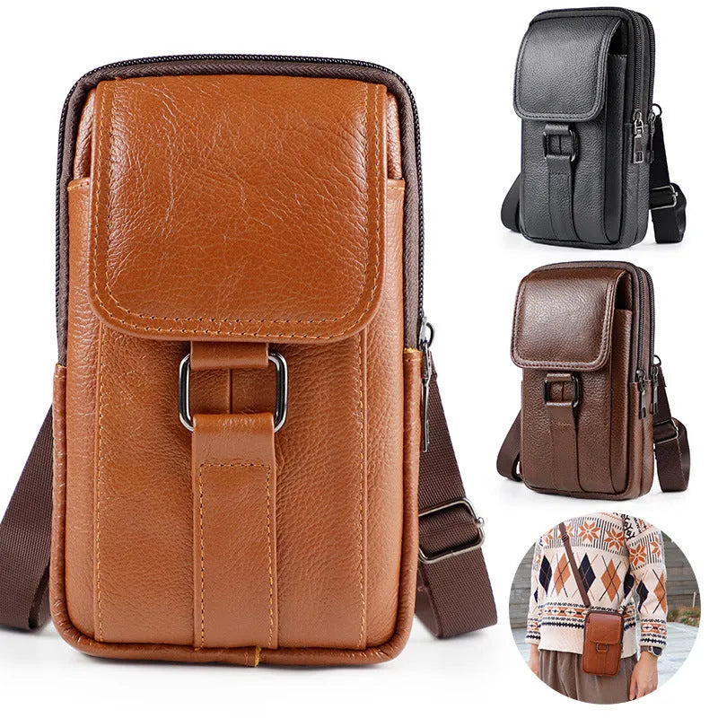 Men's genuine leather crossbody waist bag with coin pocket and lock detail in vertical square shape