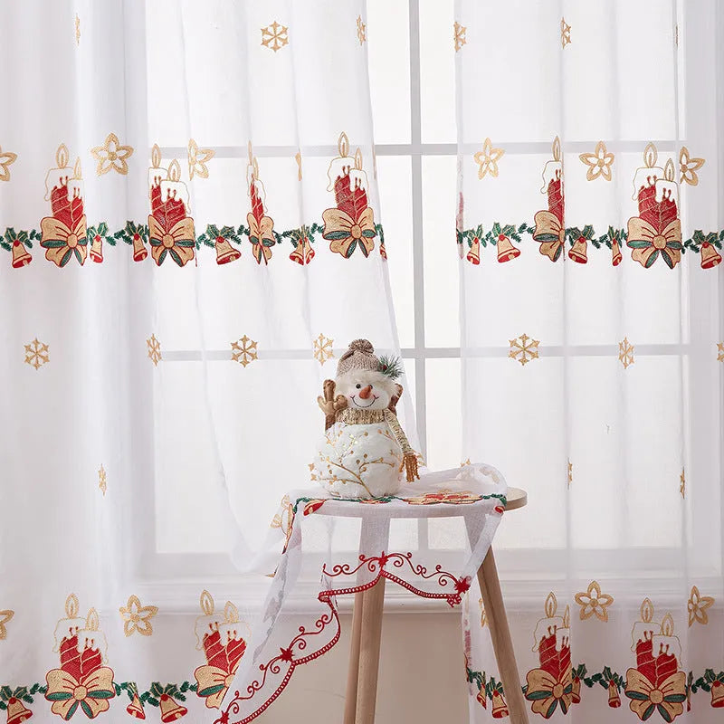 American Christmas curtain with white snowflake embroidery on red fabric, hanging as a pair.