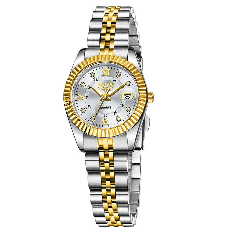Waterproof fashion quartz watch for women with gold and silver colour options and 10mm thickness.