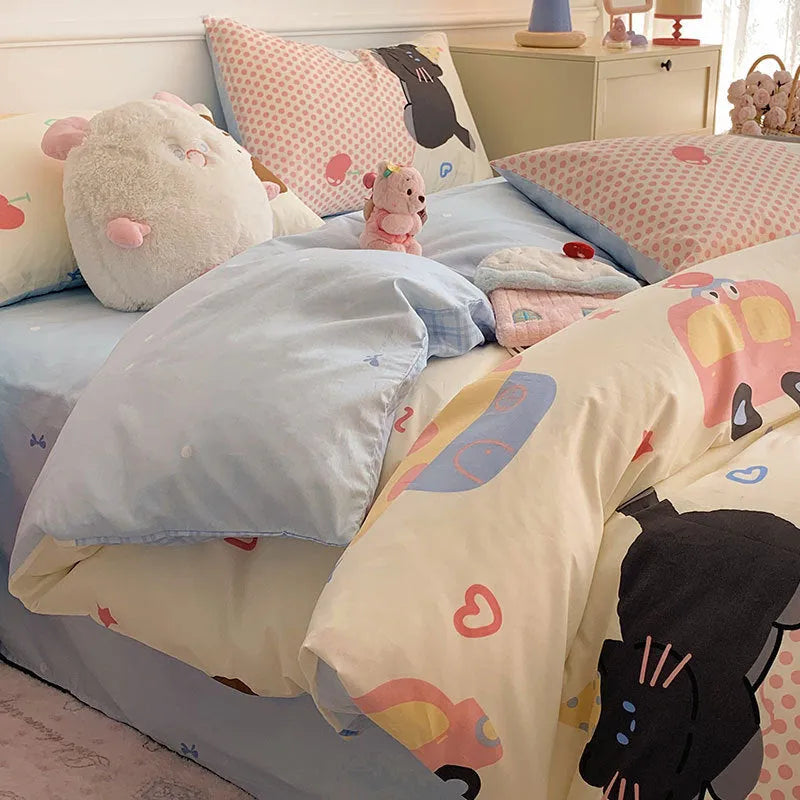 Cartoon dog pattern cotton four-piece bedding set with duvet cover, fitted sheet, and pillowcases