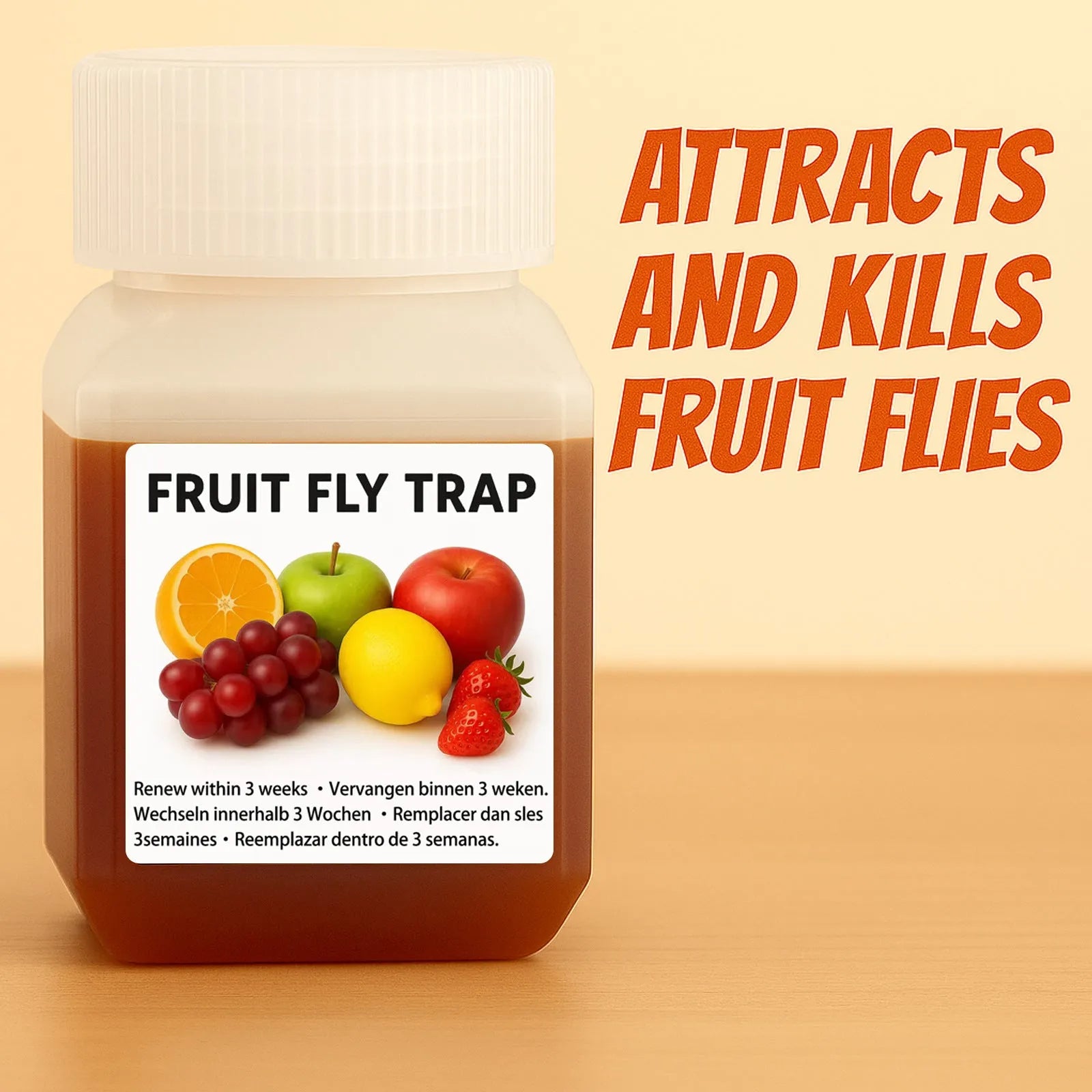 Fruit fly bait liquid bottle with specification options including with and without funnel accessories