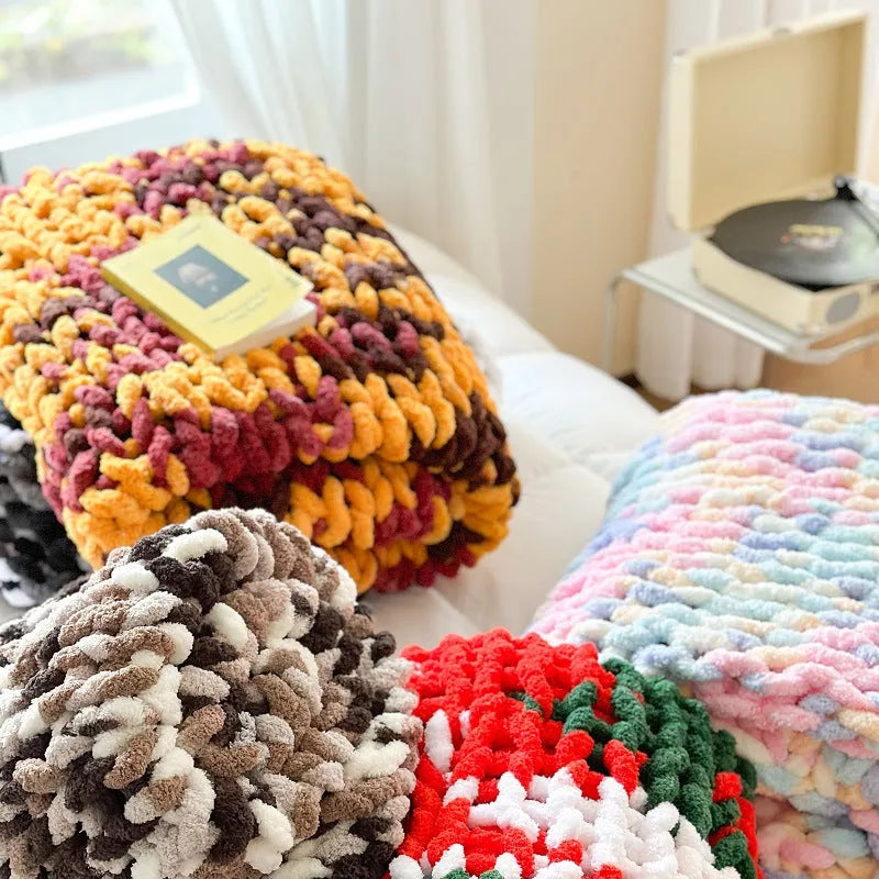 Handmade thick chenille blanket with ice bar striped pattern in a choice of colours, shown laid flat.