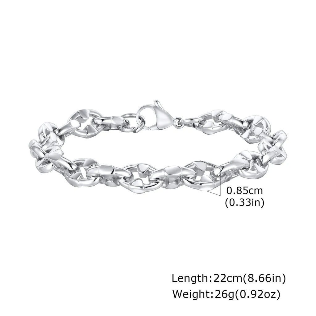 Handmade stainless steel thick chain bracelet with geometric links in steel colour