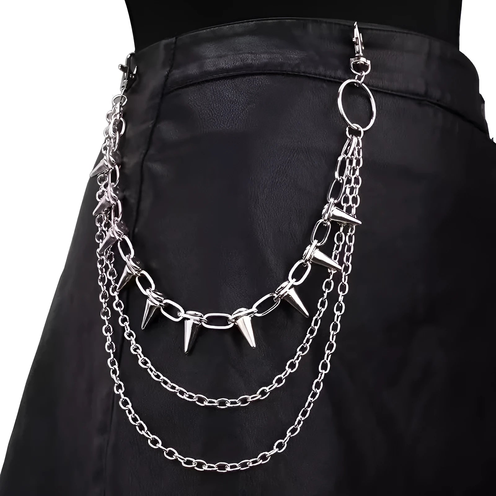 Silver metal punk pants chain, 115cm long, shown fastened to a pair of jeans.
