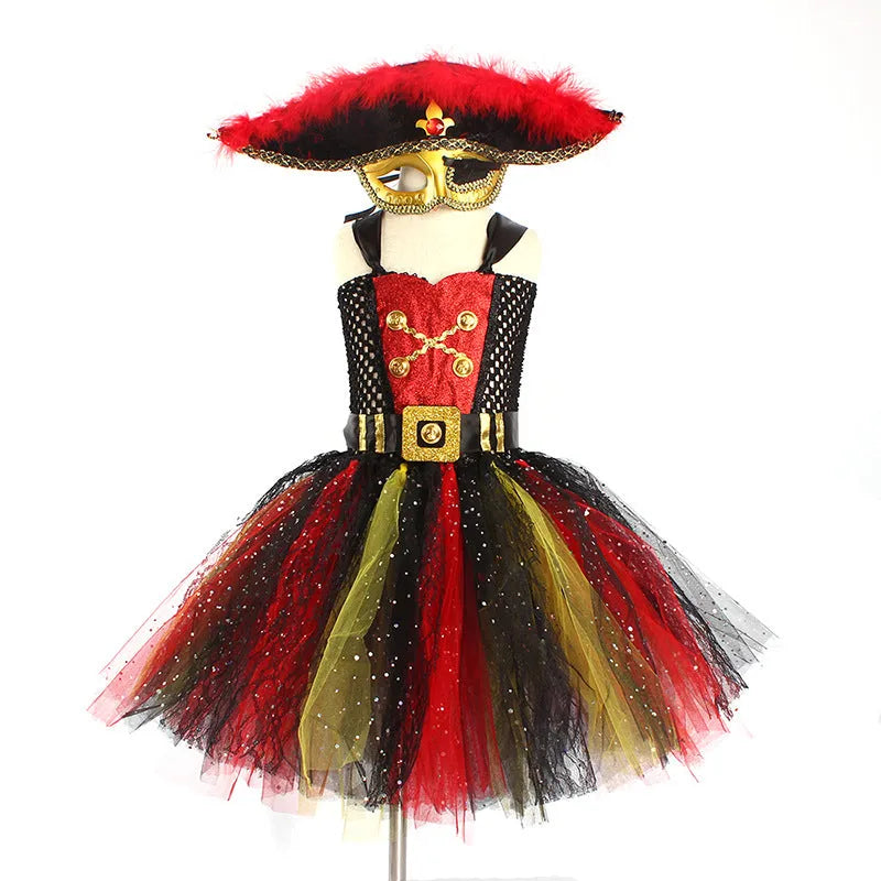 A sleeveless girls' pirate costume dress with black sequin decoration and sheer mesh panels.