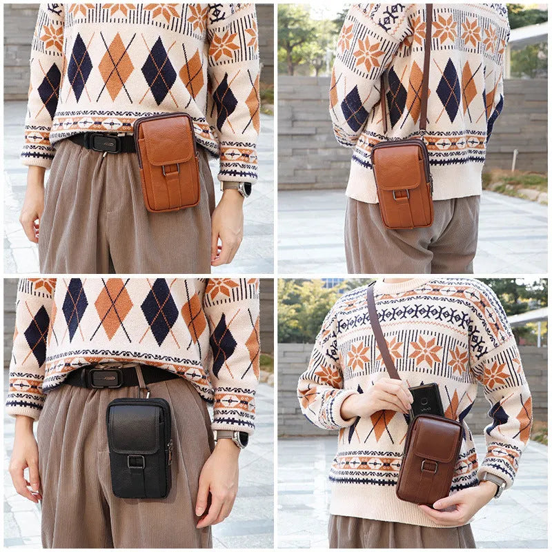 Men's genuine leather crossbody waist bag with coin pocket and lock detail in vertical square shape