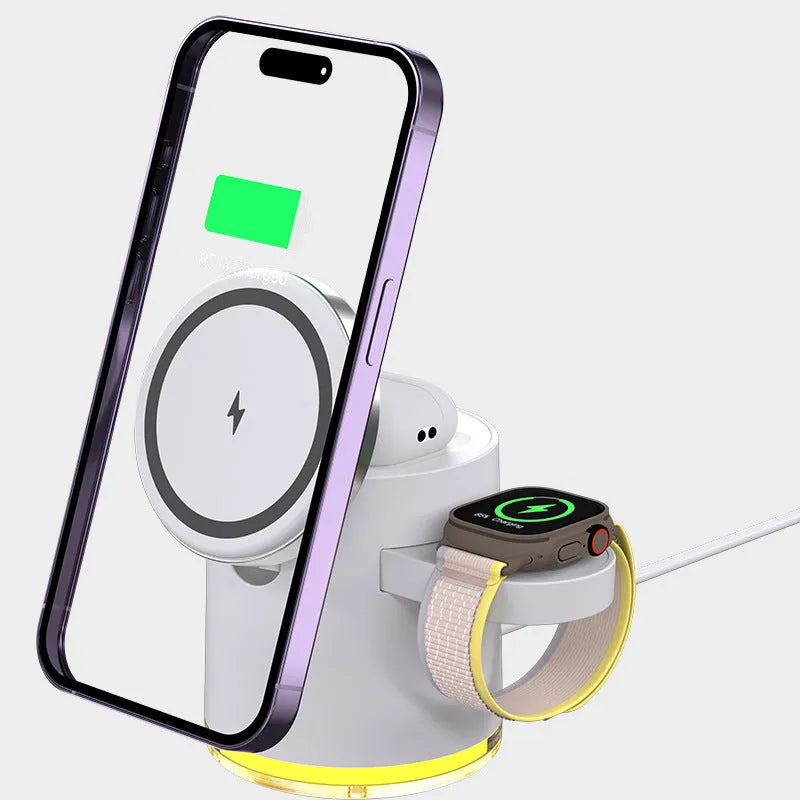 C16 ivory white and black portable magnetic three-in-one wireless folding charger for phone, watch, and earphones.