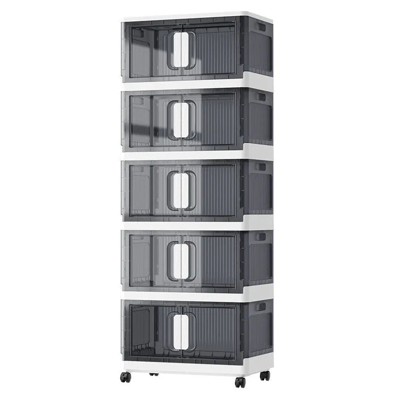 PP foldable storage locker with wheels in white finish showing multiple shelf layers and door configuration