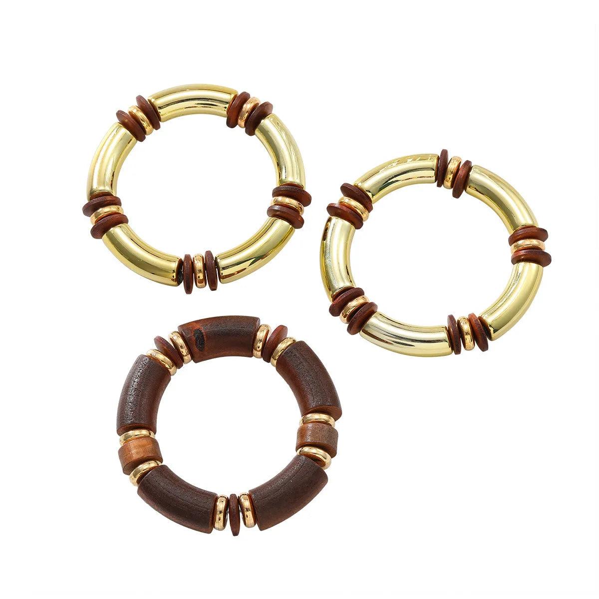 Women's multi-layer wooden necklace and bracelet set with circular alloy pendants