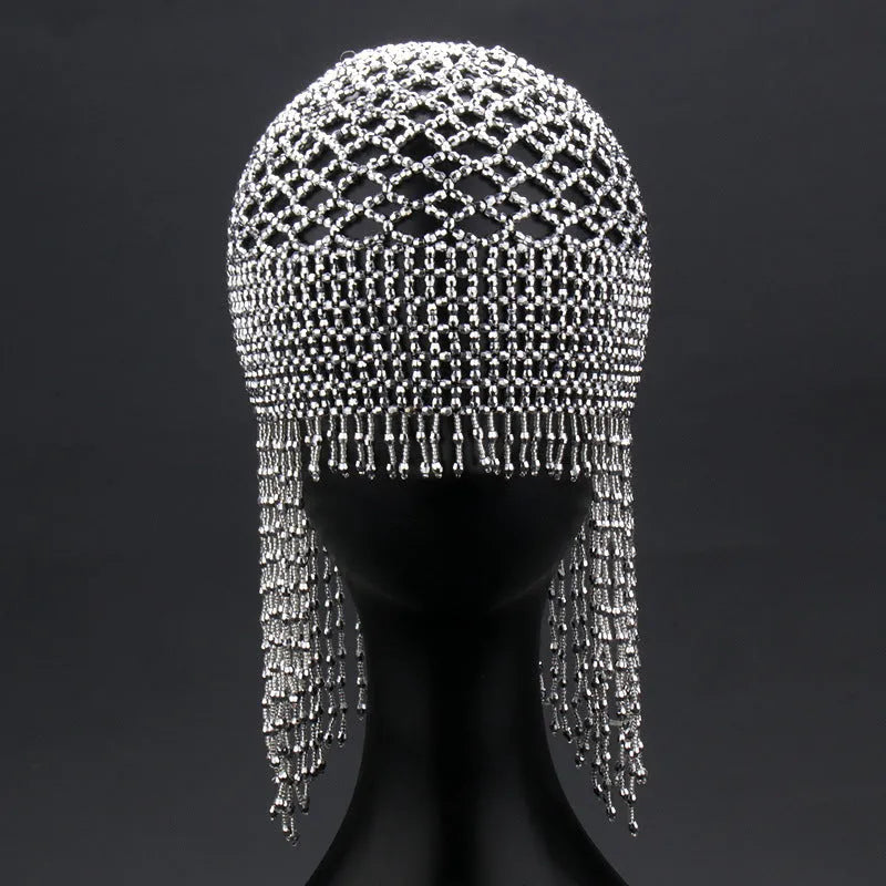 Handmade alloy belly dance hair ornament with mesh tile and tassels in silver or black