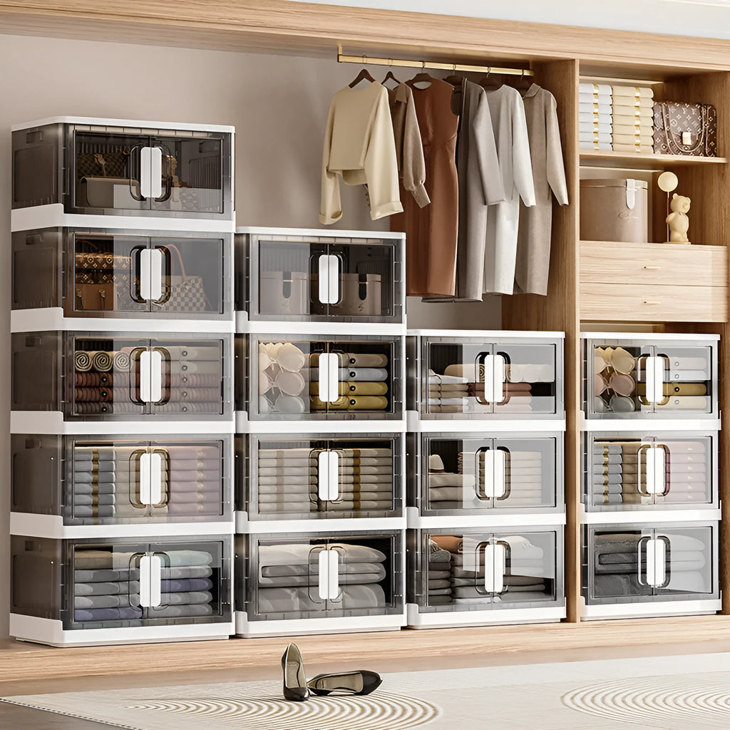 PP foldable storage locker with wheels in white finish showing multiple shelf layers and door configuration