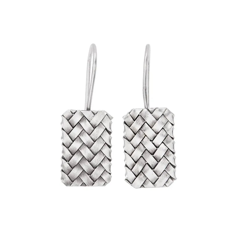 Silver geometric woven plaid drop earrings for women, 17.5mm by 11mm.