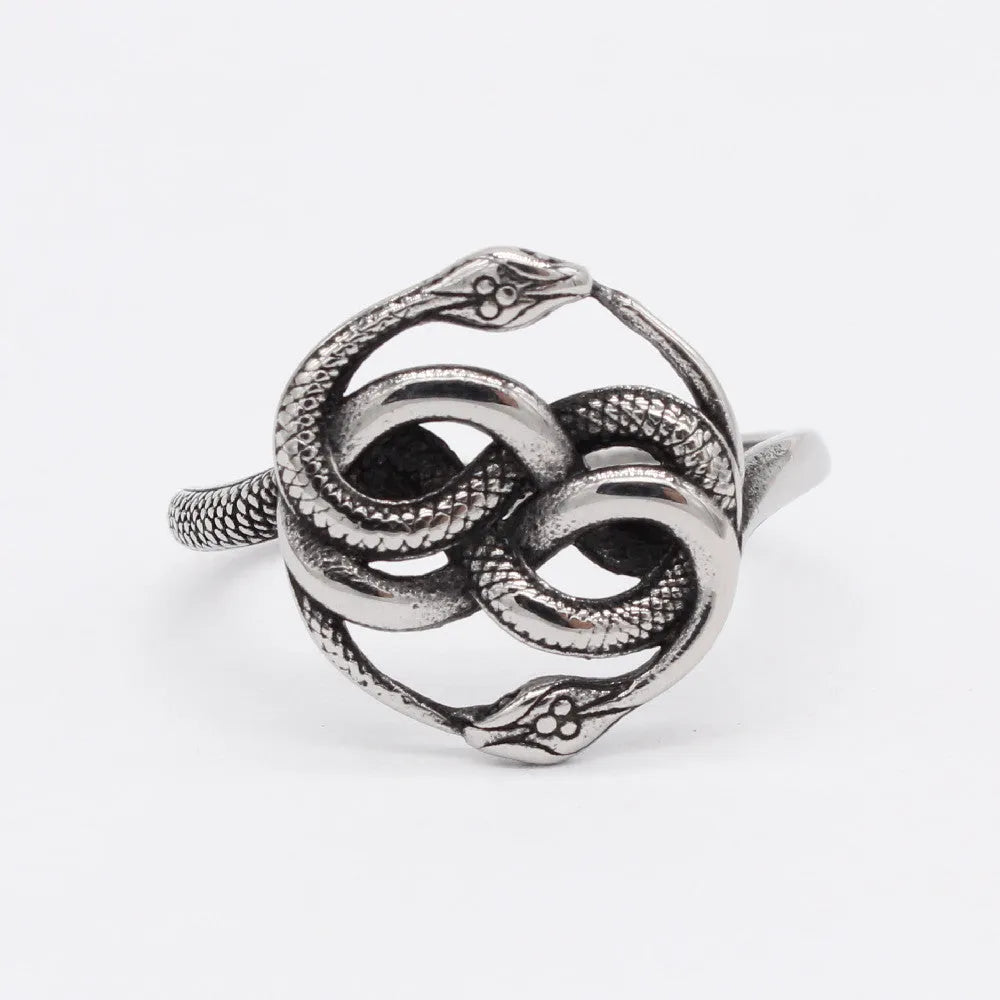 Titanium steel alloy double snake ring in retro European American style with steel colour finish