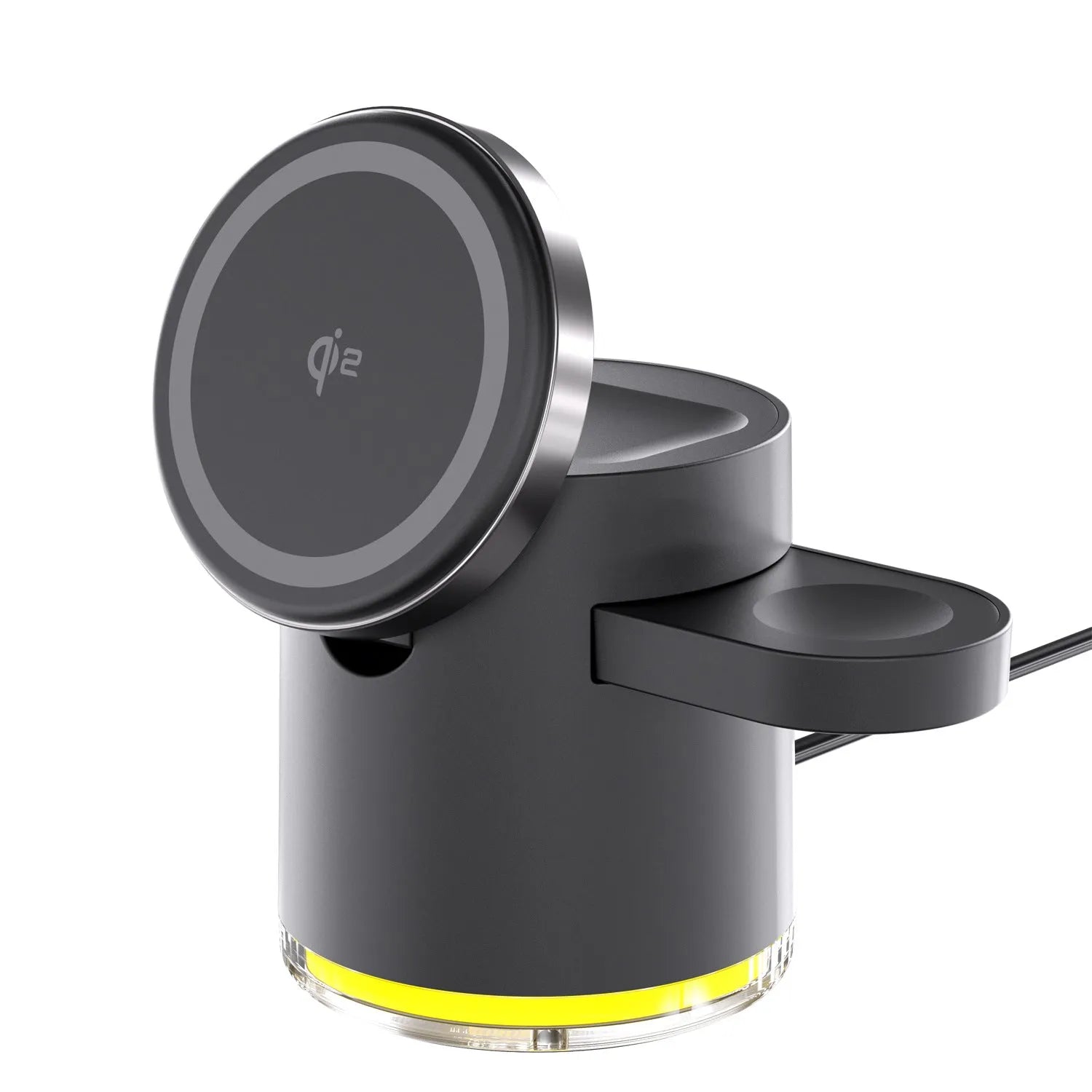 C16 ivory white and black portable magnetic three-in-one wireless folding charger for phone, watch, and earphones.