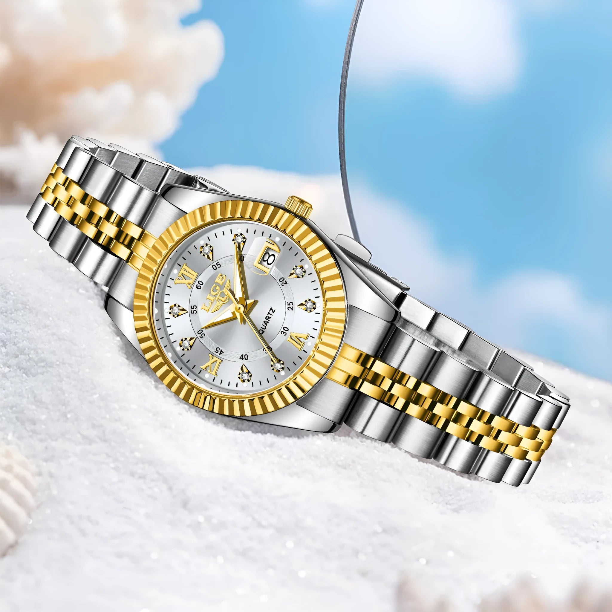 Waterproof fashion quartz watch for women with gold and silver colour options and 10mm thickness.