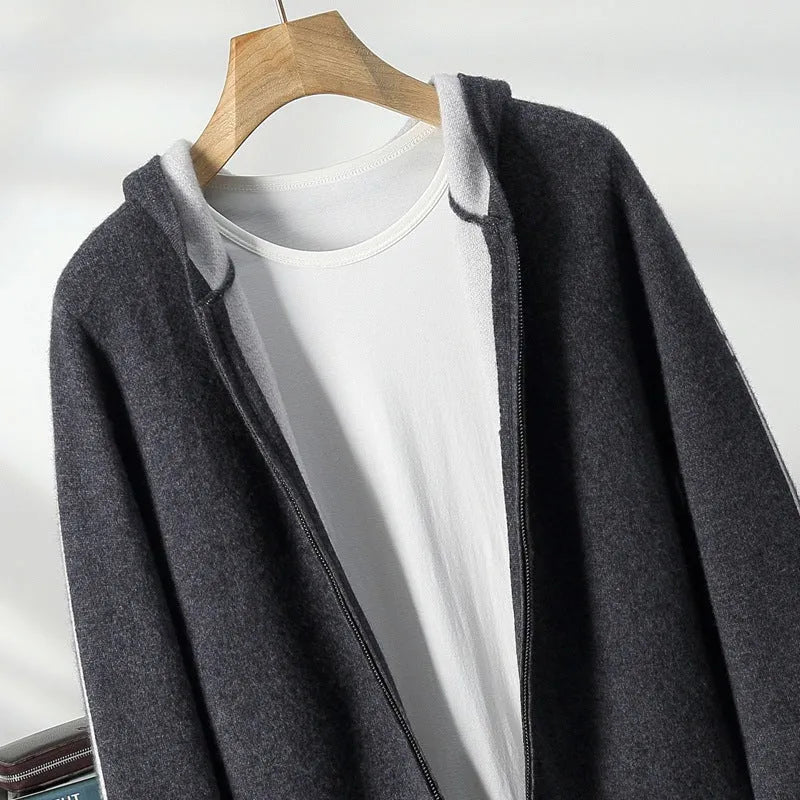 Men's dark blue cashmere cardigan sweater with half-high collar and full-length zipper