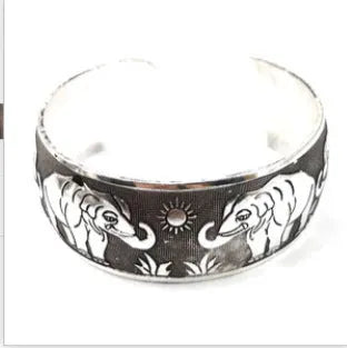 Ethnic Miao silver carved open bracelet with Roman shape in antique turtle colour