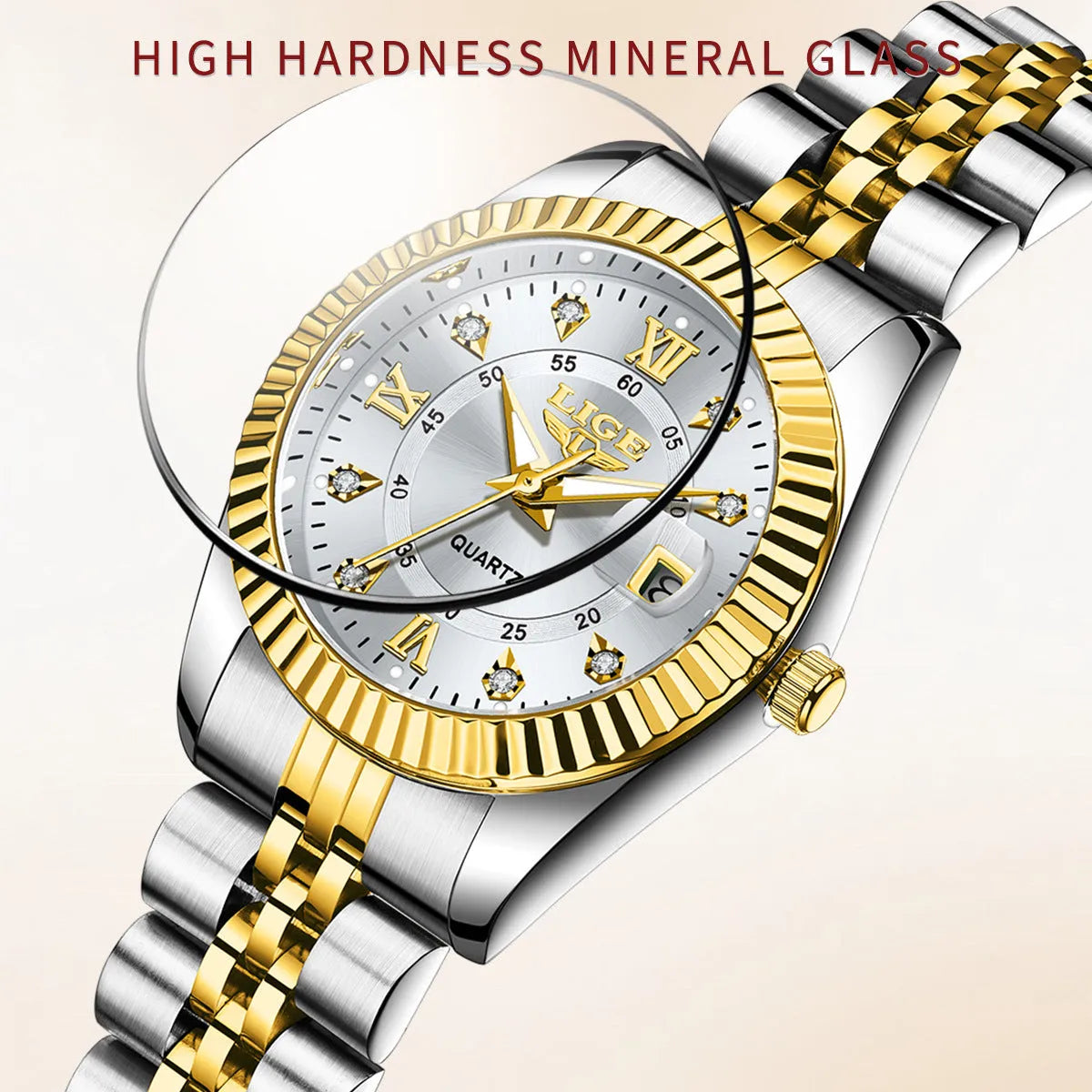 Waterproof fashion quartz watch for women with gold and silver colour options and 10mm thickness.
