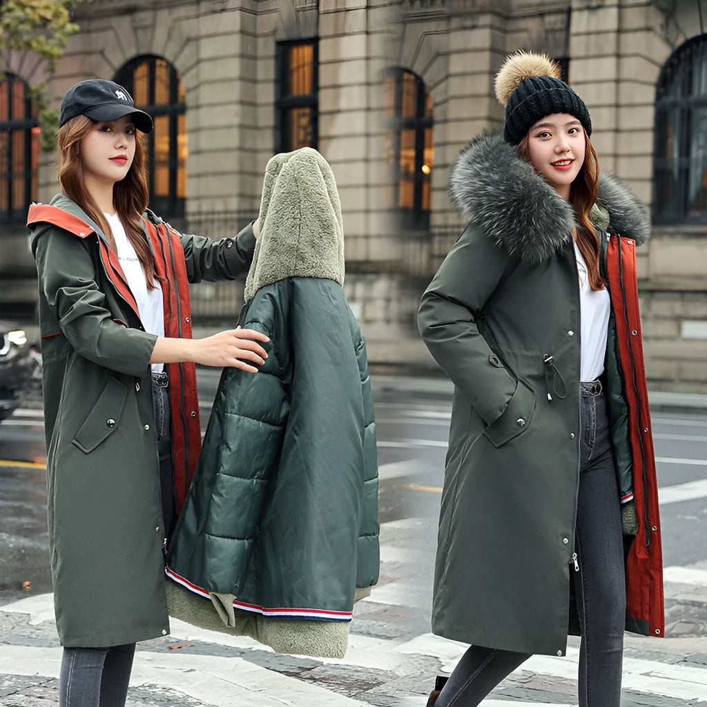 Women's long white fleece trench coat with cotton padding, showing elegant style and 100cm length.