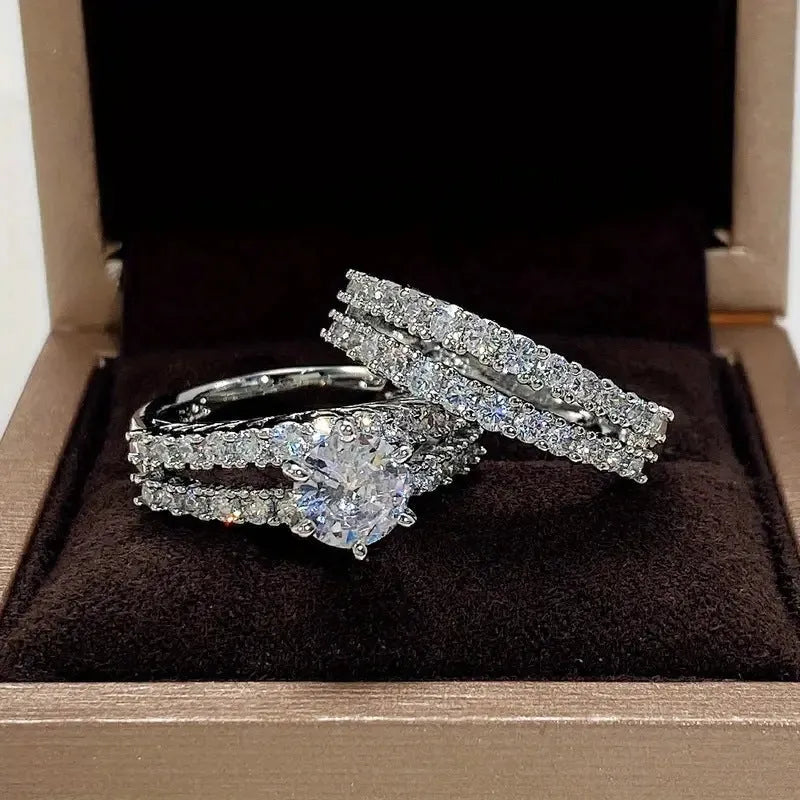 Two-piece fully jewelled female alloy ring set in geometric shapes, shown in gold, rose gold, and silver colour options.
