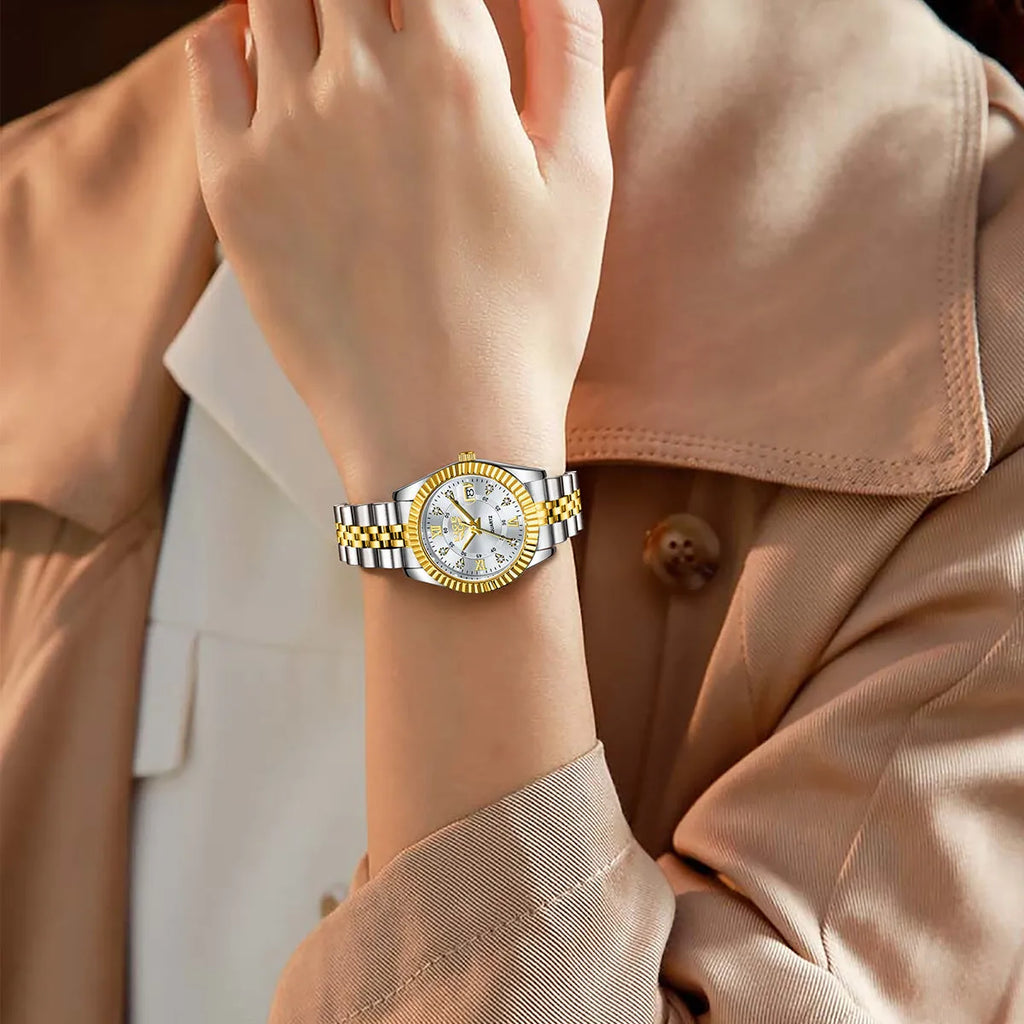 Waterproof fashion quartz watch for women with gold and silver colour options and 10mm thickness.